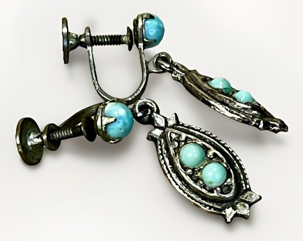 Turquoise Screwback Earring Set Vintage Dangle Silver Plated Southwestern Retro